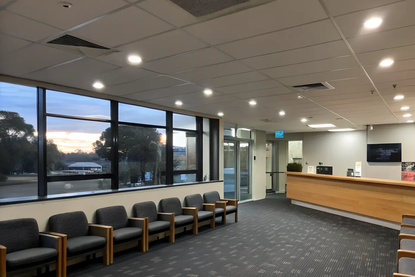 A medical centre reception and waiting room, cleaned and reset